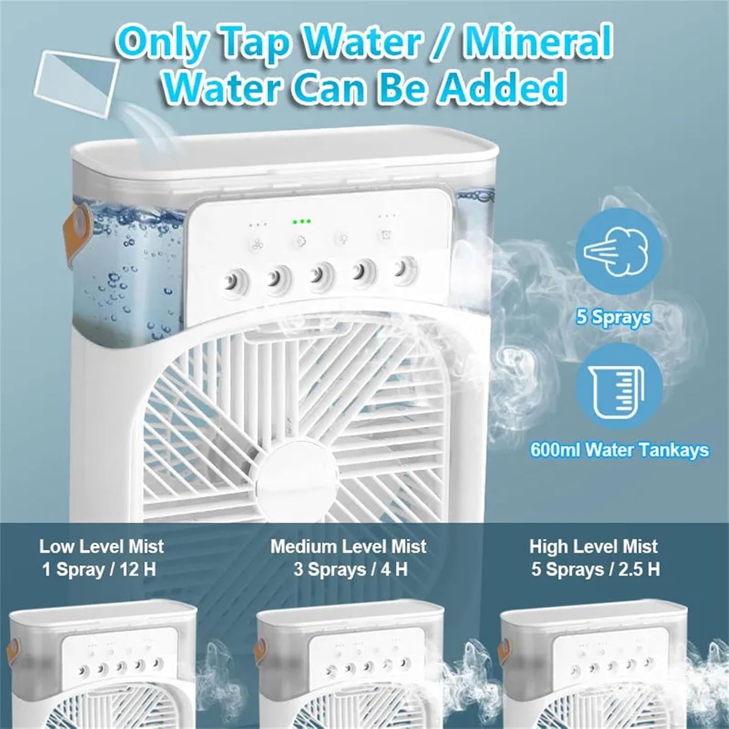 Portable Air Conditioner Fan, Humidifier, USB Electric Fan, Water Mist, 3 in 1 air Cooler, for Room Office Home