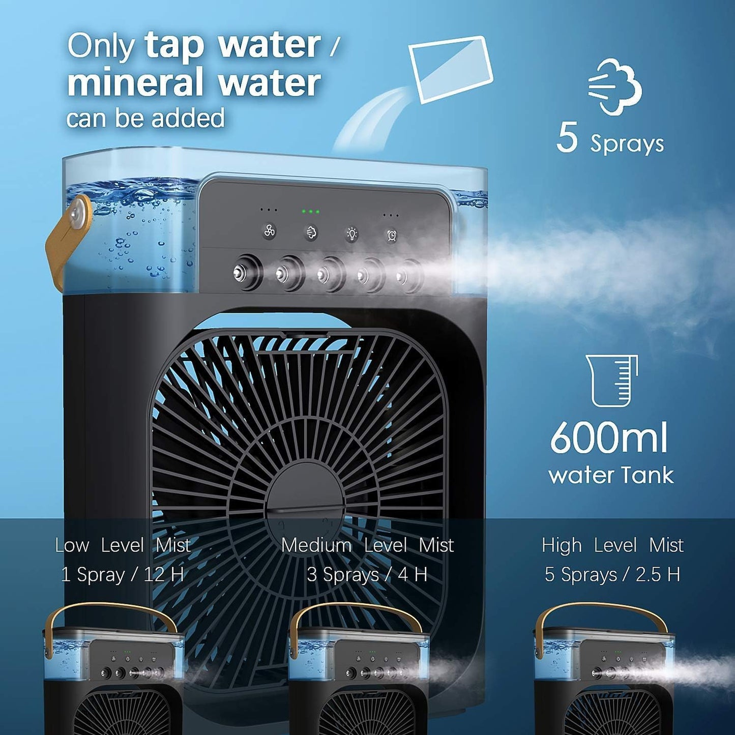 Portable Air Conditioner Fan, Humidifier, USB Electric Fan, Water Mist, 3 in 1 air Cooler, for Room Office Home